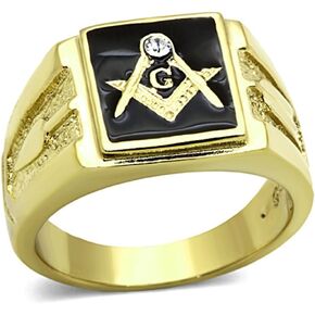 Marimor Jewelry Men's Stainless Steel 14K Gold Ion Plated Crystal Masonic Lodge Freemason Ring Size 8-13
