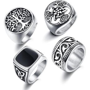 JeryWe 4 قطع خواتم Signet للرجال والنساء من الفولاذ المقاوم للصدأ خواتم راكبي الدراجات النارية العتيقة الفضية Pinky Thumb Band Ring مجموعة حلقات عقدة سلتيك حلقات عقيق سوداء مقاس 7-13 in Kuwait