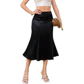 Womens Satin Midi Skirt A Line Summer Silk Flared Solid Slip Skirts Casual Elegant