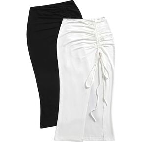 Floerns Women's 2 Piece Solid Drawstring Ruched Split Thigh Pencil Midi Skirt