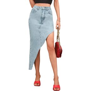 SweatyRocks Women's High Waist Button Front Jean Skirt Asymmetrical Hem Long Denim Skirts