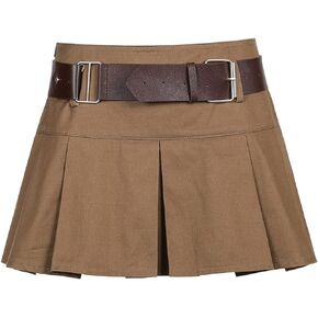 MEOKIM Women's Low Waist Workwear Skirt Gothic Pleated Mini Skirt Y2k Leather Buckle Flared Short Skate Skirt