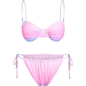 ZAFUL Women's Sexy Underwire Bikini Set Floral Ditsy Lace Smocked Swimwear Crochet Tie Sides Push Up Swimsuit
