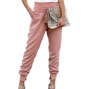 GOTOTOP Women Elastic High Waist Split Hem Pants Casual Sweatpants Loose Drawstring Pencil Trousers Jogger with Pockets(XL-)
