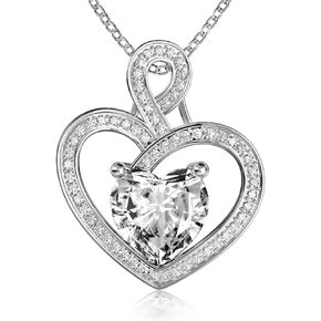 MMJ Platinum Plated Silver Heart Necklace Gift for Women Anniversary Wife Necklace with Heart Pendant Birthstone Necklace Gift for Her Birthday