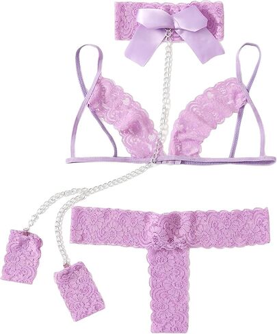 WDIRARA Women's Floral Lace Scallop Trim Bralette and Thong Lingerie Set with Chain Linked Choker in Saudi Arabia