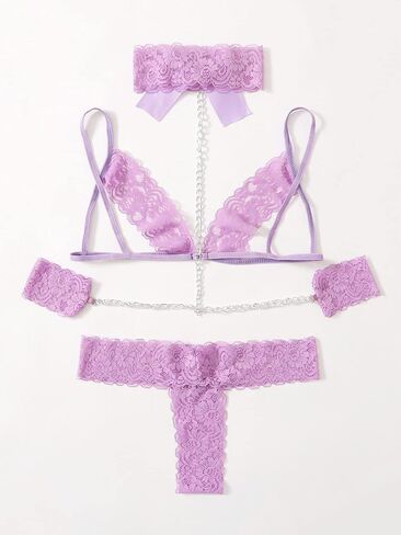 WDIRARA Women's Floral Lace Scallop Trim Bralette and Thong Lingerie Set with Chain Linked Choker in Saudi Arabia