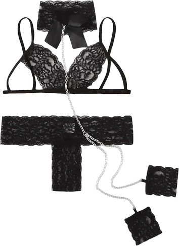 WDIRARA Women's Floral Lace Scallop Trim Bralette and Thong Lingerie Set with Chain Linked Choker in Saudi Arabia