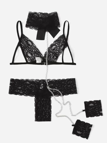 WDIRARA Women's Floral Lace Scallop Trim Bralette and Thong Lingerie Set with Chain Linked Choker in Saudi Arabia