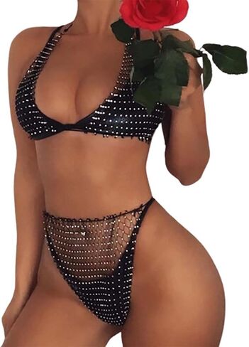 deladola Mesh Rhinestone Bra Set Black Fishnet Crystal See Through Shorts Lingerie Sets Beach Swimsuit for Women in Saudi Arabia
