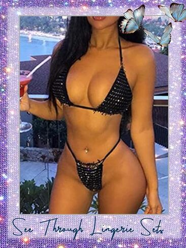 deladola Mesh Rhinestone Bra Set Black Fishnet Crystal See Through Shorts Lingerie Sets Beach Swimsuit for Women in Saudi Arabia