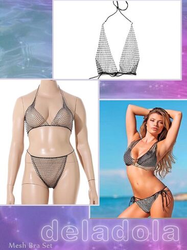 deladola Mesh Rhinestone Bra Set Black Fishnet Crystal See Through Shorts Lingerie Sets Beach Swimsuit for Women in Saudi Arabia