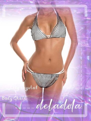 deladola Mesh Rhinestone Bra Set Black Fishnet Crystal See Through Shorts Lingerie Sets Beach Swimsuit for Women in Saudi Arabia