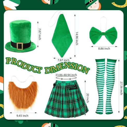 7 Pieces St. Patrick's Day Costume Accessories Set Irish Plaid Green Kilt Scottish Tartan Skirt Kilts Clothing for Men and Women Pleated Tartan Skirt Tie Bow Scarf Tie Knee Sock Hat Beard in Saudi Arabia