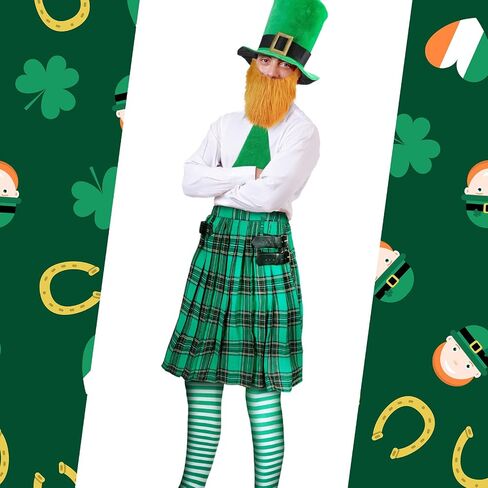 7 Pieces St. Patrick's Day Costume Accessories Set Irish Plaid Green Kilt Scottish Tartan Skirt Kilts Clothing for Men and Women Pleated Tartan Skirt Tie Bow Scarf Tie Knee Sock Hat Beard in Saudi Arabia