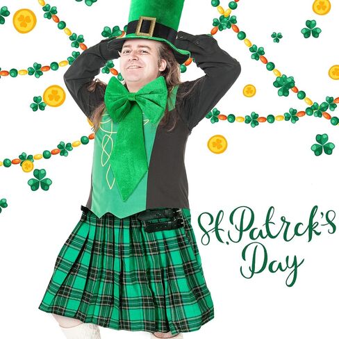 7 Pieces St. Patrick's Day Costume Accessories Set Irish Plaid Green Kilt Scottish Tartan Skirt Kilts Clothing for Men and Women Pleated Tartan Skirt Tie Bow Scarf Tie Knee Sock Hat Beard in Saudi Arabia