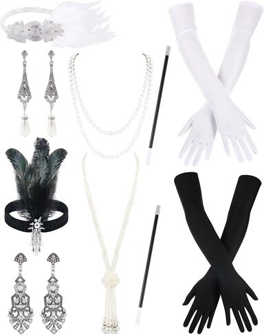 Redbaker 10 Pack Flapper Accessories Gatsby Set Costume Flapper Headband Feather 1920s Headpiece for Women Pearl Necklace Gloves Stick 20s Style Jewelry for Cocktail Wedding Tea Party, Black and in Kuwait