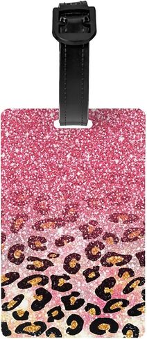 Cute Pink Faux Glitter Leopard Animal Print Luggage Tag with ID Name Card PVC Baggage Labels with Buckle Strap Suitcases Bag tag for Men Women Travel (1 Pack) in Saudi Arabia