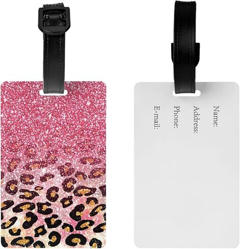Cute Pink Faux Glitter Leopard Animal Print Luggage Tag with ID Name Card PVC Baggage Labels with Buckle Strap Suitcases Bag tag for Men Women Travel (1 Pack) in Saudi Arabia