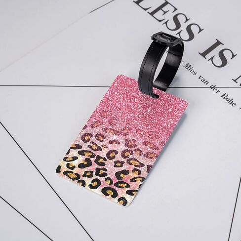 Cute Pink Faux Glitter Leopard Animal Print Luggage Tag with ID Name Card PVC Baggage Labels with Buckle Strap Suitcases Bag tag for Men Women Travel (1 Pack) in Saudi Arabia