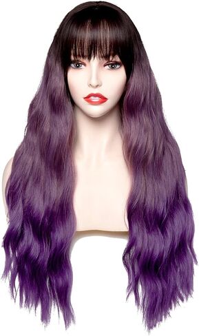 Rugelyss Ombre Black to Tora Purple Wig with Air Bang Long Fluffy Curly Pastel Wavy Wigs for Women Synthetic Cosplay Party Hairpieces (purple ombre) (purple ombre) in Kuwait