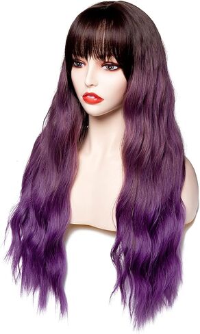 Rugelyss Ombre Black to Tora Purple Wig with Air Bang Long Fluffy Curly Pastel Wavy Wigs for Women Synthetic Cosplay Party Hairpieces (purple ombre) (purple ombre) in Kuwait