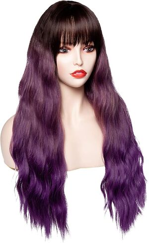 Rugelyss Ombre Black to Tora Purple Wig with Air Bang Long Fluffy Curly Pastel Wavy Wigs for Women Synthetic Cosplay Party Hairpieces (purple ombre) (purple ombre) in Kuwait