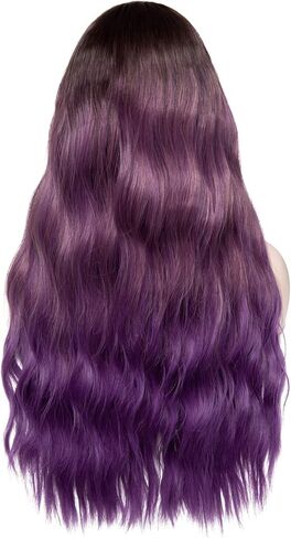 Rugelyss Ombre Black to Tora Purple Wig with Air Bang Long Fluffy Curly Pastel Wavy Wigs for Women Synthetic Cosplay Party Hairpieces (purple ombre) (purple ombre) in Kuwait
