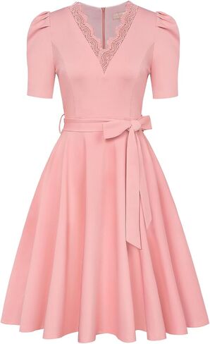 Belle Poque Women Tea Length Dress with Pockets Short Sleeve Tie Waist Dress V Neck A Line Dress for Formal Holiday in Saudi Arabia