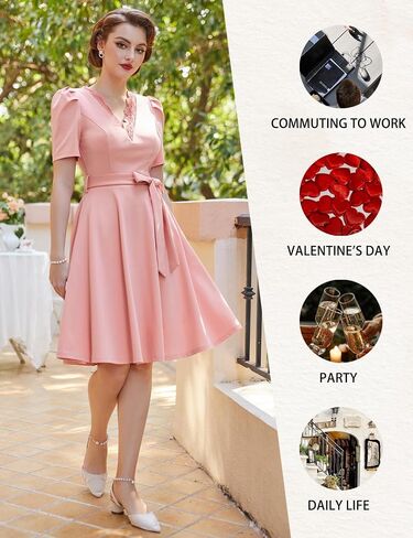 Belle Poque Women Tea Length Dress with Pockets Short Sleeve Tie Waist Dress V Neck A Line Dress for Formal Holiday in Saudi Arabia