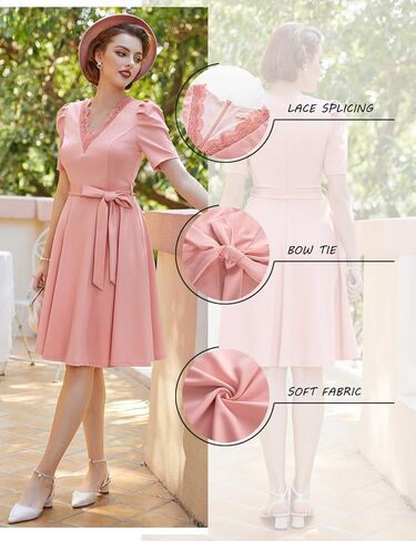 Belle Poque Women Tea Length Dress with Pockets Short Sleeve Tie Waist Dress V Neck A Line Dress for Formal Holiday in Saudi Arabia