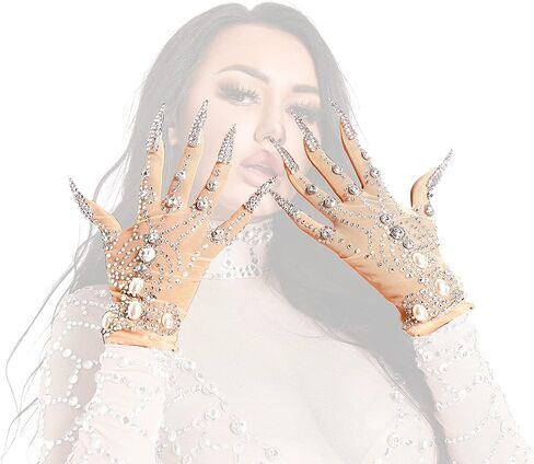 nobrandlingerie Gorgeous Rhinestone Pearls Gloves Women Sparkly Crystal Gloves Dancer Singer Nightclub Stage Celebration in Kuwait
