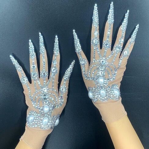 nobrandlingerie Gorgeous Rhinestone Pearls Gloves Women Sparkly Crystal Gloves Dancer Singer Nightclub Stage Celebration in Kuwait