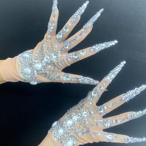 nobrandlingerie Gorgeous Rhinestone Pearls Gloves Women Sparkly Crystal Gloves Dancer Singer Nightclub Stage Celebration in Kuwait