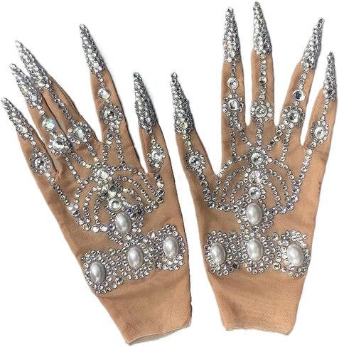 nobrandlingerie Gorgeous Rhinestone Pearls Gloves Women Sparkly Crystal Gloves Dancer Singer Nightclub Stage Celebration in Kuwait