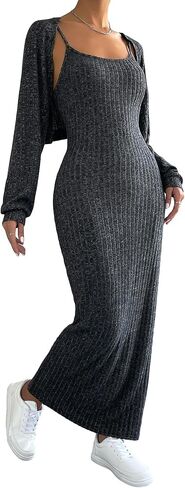 OYOANGLE Women's 2 Piece Outfits Rib Knitted Bodycon Cami Maxi Dress with Long Sleeve Crop Cardigan in Saudi Arabia