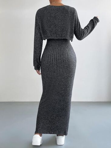OYOANGLE Women's 2 Piece Outfits Rib Knitted Bodycon Cami Maxi Dress with Long Sleeve Crop Cardigan in Saudi Arabia
