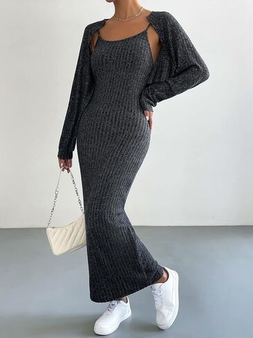 OYOANGLE Women's 2 Piece Outfits Rib Knitted Bodycon Cami Maxi Dress with Long Sleeve Crop Cardigan in Saudi Arabia