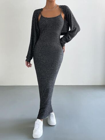 OYOANGLE Women's 2 Piece Outfits Rib Knitted Bodycon Cami Maxi Dress with Long Sleeve Crop Cardigan in Saudi Arabia