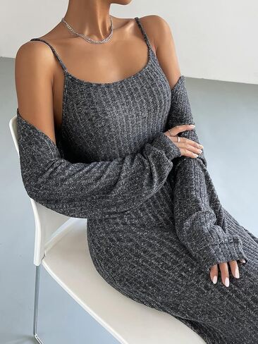 OYOANGLE Women's 2 Piece Outfits Rib Knitted Bodycon Cami Maxi Dress with Long Sleeve Crop Cardigan in Saudi Arabia