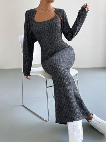 OYOANGLE Women's 2 Piece Outfits Rib Knitted Bodycon Cami Maxi Dress with Long Sleeve Crop Cardigan in Saudi Arabia