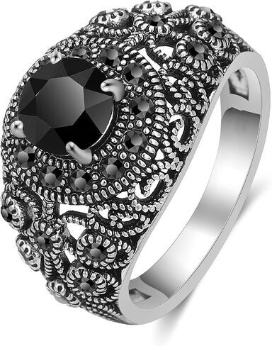 Black Retro Marcasite Rings for Women, Fashion Cocktail Statement Rings Costume Vintage Crystal Big Onyx Stone Rings Jewelry for Women Gifts for Her in Saudi Arabia