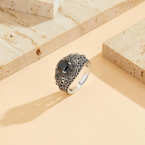 Black Retro Marcasite Rings for Women, Fashion Cocktail Statement Rings Costume Vintage Crystal Big Onyx Stone Rings Jewelry for Women Gifts for Her in Saudi Arabia