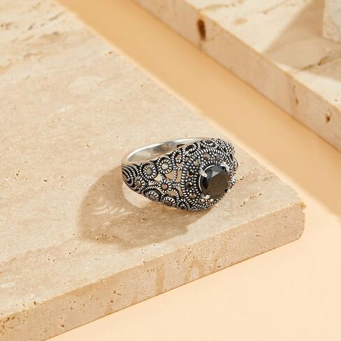 Black Retro Marcasite Rings for Women, Fashion Cocktail Statement Rings Costume Vintage Crystal Big Onyx Stone Rings Jewelry for Women Gifts for Her in Saudi Arabia