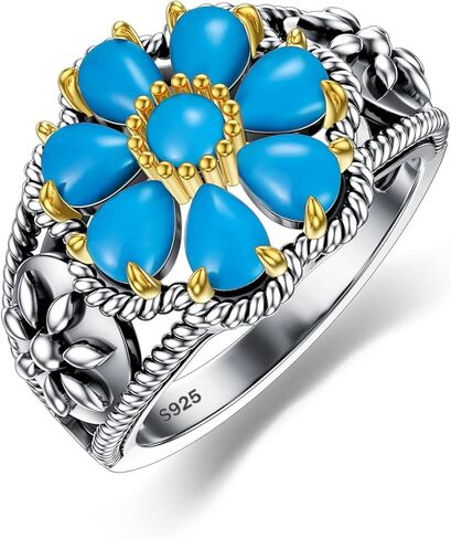 خاتم فيروزي مقاس 7/8/9 925 من الفضة الإسترليني العتيق زهرة الفيروز والأحجار الكريمة خاتم بيان فيروزي بوهيمي مجوهرات هدايا للنساء والزوجة والأم in Kuwait