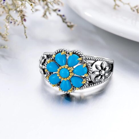 خاتم فيروزي مقاس 7/8/9 925 من الفضة الإسترليني العتيق زهرة الفيروز والأحجار الكريمة خاتم بيان فيروزي بوهيمي مجوهرات هدايا للنساء والزوجة والأم in Kuwait