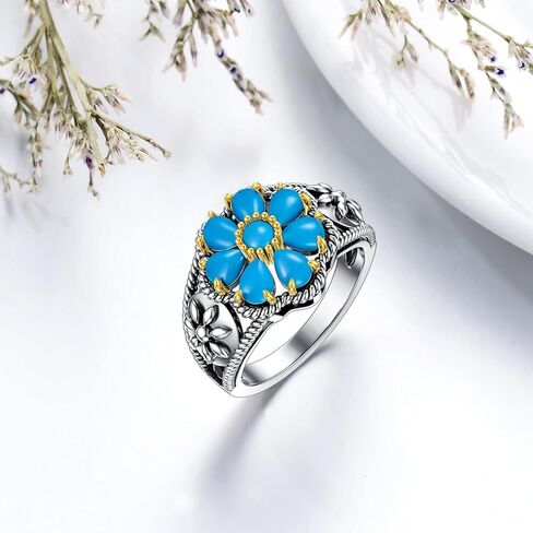 خاتم فيروزي مقاس 7/8/9 925 من الفضة الإسترليني العتيق زهرة الفيروز والأحجار الكريمة خاتم بيان فيروزي بوهيمي مجوهرات هدايا للنساء والزوجة والأم in Kuwait