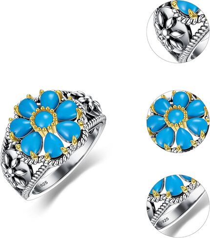 خاتم فيروزي مقاس 7/8/9 925 من الفضة الإسترليني العتيق زهرة الفيروز والأحجار الكريمة خاتم بيان فيروزي بوهيمي مجوهرات هدايا للنساء والزوجة والأم in Kuwait