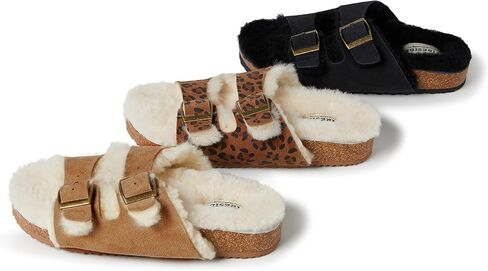 Dearfoams Women's Fireside Tamworth Shearling Slide Sandal with Cork Footbed and Adjustable Buckles in Saudi Arabia