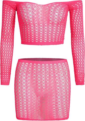 WDIRARA Women's Fishnet Off Shoulder Bralette and Mini Skirt Mesh Lingerie Set Black in Saudi Arabia